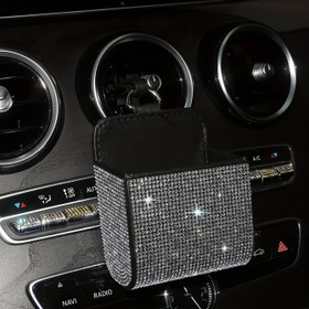 Resim 1 adet Araba Hava Kanalı Düzenleyici ile Rhinestone Detaylar - USB Kabloları, Tel ve Aksesuarlar için Suni Deri Depolama Çantası, Siyah İç Tasarım, Kolay Erişim ve Şık Araba Aksesuarı, Şık Tasarım, Parıltılı Bitiş 