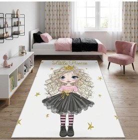 Resim Prenses Figürlü Kız Çocuk Odası Halısı Kaymaz Tabanlı Yıkanabilir Dijital Baskılı Halı Beyaz 