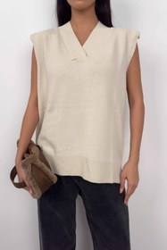 Resim V Yaka Bej Oversize Süveter - S 