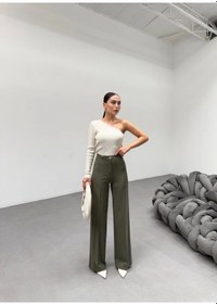 Resim 230 Gr Poly Viscose Lycra Metal Düğme Palazzo Pantolon Haki 