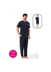 Resim Alimer Erkek 3 Düğmeli Likralı Pamuk Kısa Kol Cepli Şortlu 3lü Pijama Takımı-3 Parça Kutulu Çeyizlik Set Lacivert 