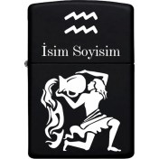 Resim Kova Burcu Desenli Kişiye Özel Burç Isimli Benzinli Siyah Metal Çakmak 