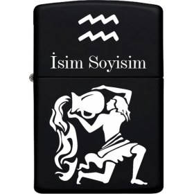 Resim Kova Burcu Desenli Kişiye Özel Burç Isimli Benzinli Siyah Metal Çakmak 