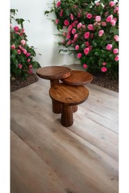 Resim Simillo Home&Living Wood Wooden Ahşap 3’lü Set Fitilli Mantar Yan Sehpa Modern Meşe Renk Fiskos 