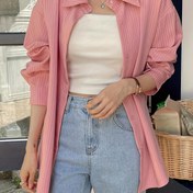 Resim Kadınlar için Açık Pembe Çizgili Uzun Kollu Düğmeli Gömlek - Günlük Yaka, Makinede Yıkanabilir, Yumuşak Polyester Kumaş İlkbahar/Yaz/Sonbahar için 