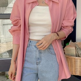Resim Kadınlar için Açık Pembe Çizgili Uzun Kollu Düğmeli Gömlek - Günlük Yaka, Makinede Yıkanabilir, Yumuşak Polyester Kumaş İlkbahar/Yaz/Sonbahar için 