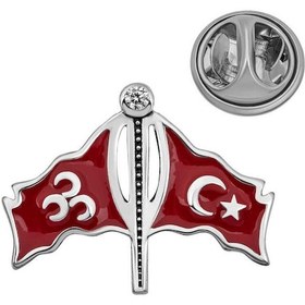 Resim 925 Ayar Gümüş Üç Hilal Türk Bayrağı Rozet Açık Gri 