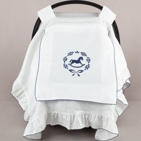 Resim Asil İndigo Çelenkli At Nakışlı İndigo Tığ işi Süslemeli Fırfırlı Puset Örtüsü 