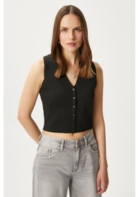 Resim Ritnice Kadın Petite Çıtçıtlı Crop Siyah Triko Yelek Siyah 