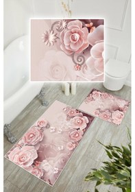 Resim Dijital Baskı Gül Desen Kaymaz Taban 2li Set Banyo Paspası Klozet Takımı 50x60cm-60x100cm Pembe 