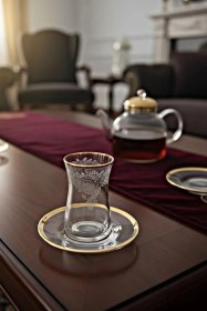 Resim Helen Gold Heybeli Kesme Dekor 12 Parça Çay Seti Paşabahçe Premium Altın Detaylı Cam Takım Şeffaf 