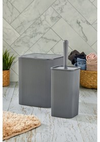 Resim Line 2 Parça Kare Banyo Seti - Çöp Kovası Wc Fırçası Set Antrasit 