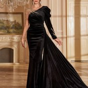 Resim Kadınlar İçin Şık Tek Omuzlu Uzun Kollu Gece Elbisesi - Esnek Polyester-Spandeks Karışımı, Siyah Vücut Sıkıntılı Fermuarlı Resmi Giysi, Düğünler, Gala ve Özel Günler için Makinede Yıkanabilir 