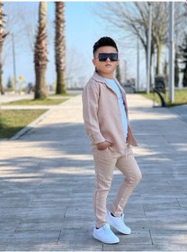 Resim Modavals Kol Katlamalı Keten Gömlek & Beli Lastikli Keten Pantolon & Pamuklu Tshırt & Zincir Aksesuar 4lü Keten Erkek Çocuk Takım Bej 
