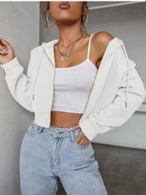 Resim Kadın Kırık Beyaz Crop Fitted Kapşonlu Zip Fermuarlı Polar Hırka Sweatshirt Beyaz 