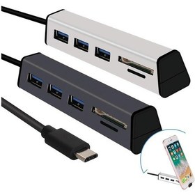 Resim Gizli Telefon Desteği İle Alüminyum Alaşımlı Tip-c - 3 Bağlantı Noktalı Usb 3.0 Hub Tf Sd Kart Okuyucu - Gri 