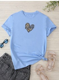 Resim Hamile Gebe T-shirt Mama Kalp Baskılı - Bebe Mavisi Bisiklet Yaka Oversize Tişört 
