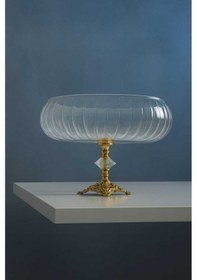 Resim Elta Collection Lotus Kristal 24 Cm Kesme Dekor Metal Ayaklı Salata Kasesi Cam Sunumluk- Servis Tabağı Gold 