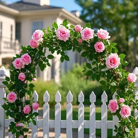 Resim Yapay Gül Çelenk Pembe Güller ve Yeşil Yapraklarla - Plastik Düğün Kemer Dekoru Sevgililer Günü, Noel, Şükran Günü için - İç/Dış Mekan Partisi, Çit, Duvar, Masa Süslemesi - Elektrik Gerektirmez, Düğün Süsleri 