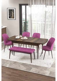Resim Canisa Zen Serisi 80x132 Mdf Açılabilir Barok Ahşap Desen Masa Takımı 4 Mor Sandalye Ve 1 Bench Masa Barok Sandalye Ve Bench Mor 