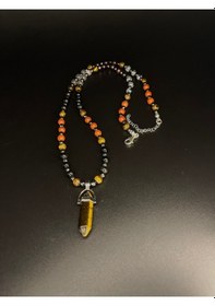 Resim Yıldız Doğal Taş Kaplan Gözü Obsidyen Jasper Labrodorit Lal Doğal Taş Çivi Model Kolye 55 Cm Çok REnkli 