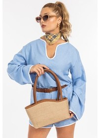 Resim Lovelystore Kadın Hasır El Omuz Çantası Yazlık Çanta Plaj Çantası Fermuarlı Astarlı 24x38 Krem 