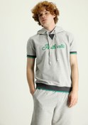 Resim Açık Gri Kapüşonlu Yarım Kol Slim Fit Dar Kesim Baskılı Pamuklu Sweatshirt Kigili