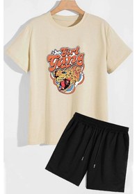 Resim Girlgang Şort T-shirt Eşofman Takımı Bej 