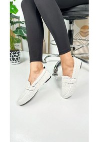Resim Günlük Kadın Loafer Peluş Astarlı Oval Burunlu Alçak Desenli Tabanlı Ayakkabı 375 Beyaz 