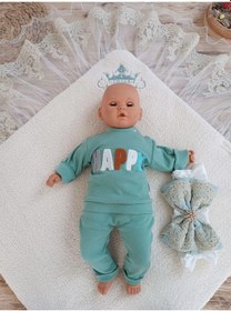 Resim Yenidoğan Kuzulu Taç Nakış Güpürlü Fiyonklu Duvaklı Prizma Taş Unisex Kundak Bebek Battaniyesi Su Yeşili Çok Renkli 