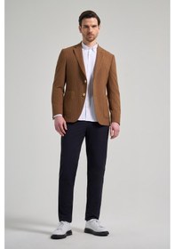 Resim İmza Çizgili Desen Gofreli Mono Yaka Esnek 6 Drop Slim Fit Ceket 1002250122 Taba 