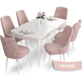 Resim Canisa Concept Nev Serisi 80 x 132 cm Açılabilir Beyaz Mutfak Masa Takımı 6 Sandalye Gold Halkalı 