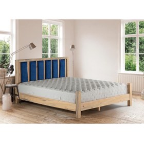 Resim Orion Doğal Vernikli Masif Çam Karyola Lacivert Puflu Başlık 