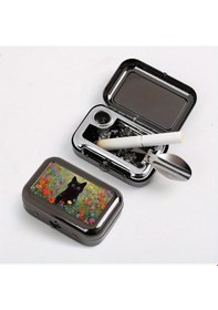 Resim Dashanshop Siyah Kedi Çiçek Desenli Portatif Küllük - Kompakt Kare Metal Kutu 