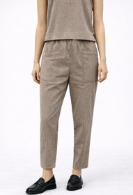 Resim Kadın Beli Lastikli Çizgili Keten Baggy Pantolon-Kahverengi Çizgili - Kahverengi Çizgili / XL 