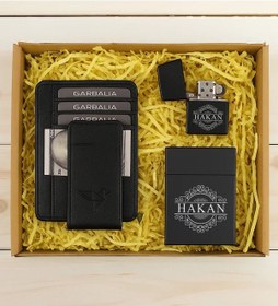 Resim Bk Gift Kişiye Özel Garbalia Hakiki Deri Mıknatıs Kapaklı Cüzdan Kartlık & Sigara Kutusu & Çakmak Hediye Seti-1 Babalar Günü Hediyesi, Erkeklere Öze 