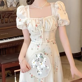 Resim Şık Omuz Açık Çiçekli Midi Elbise, Beli İpli - Puf Kollu, Fırfırlı Etek, Polyester, İlkbahar/Yaz/Sonbahar Kadın Modası, Çiçek Desenli Elbise 