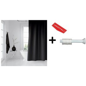 Resim Banyo Perdesi Seti Siyah 120x200 Duş Perdesi , 90x130 Banyo Perde Borusu Beyaz Askı Aparatı Hediyeli 0010 Siyah 
