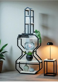 Resim Dekoratif Siyah Metal Kitaplık Beyaz Ahşap Raflı Gitar Ünite 