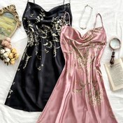 Resim 2 Adet Kadın Seksi Saten Gecelik, Çiçek Desenli Askılı Yaka, Her Mevsim Polyester Uyku Giysileri, Dokuma Yetişkin Ev Giysileri 
