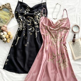Resim 2 Adet Kadın Seksi Saten Gecelik, Çiçek Desenli Askılı Yaka, Her Mevsim Polyester Uyku Giysileri, Dokuma Yetişkin Ev Giysileri 
