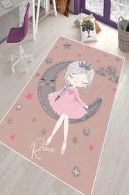 Resim Pelangi Pudra Prenses Desenli Kız Çocuk Yıkanabilir Kaymaz Taban Leke Tutmazbebek Ve Çocuk Odası Halısı, Pudra-Gri 60 x 200 