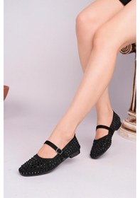 Resim Nesilshoes Nesil Shoes Ceylan 3170 Siyah Triko Taş Detaylı Kadın Babet 