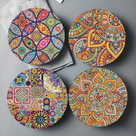 Resim 4 Parça Mandala Elmas Boyama Seti - Canlı Renkli Mandala Çiçek Desenli, Kaymaz Yuvarlak Ahşap Bardak Altlığı ve Hediye Malzemesi, Elmas Sanat Kiti 