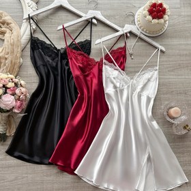 Resim 3 Parça Kadın Dantel Detaylı V Yaka Seksi Rahat Gecelik Takımı 