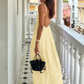 Resim Şık Sarı Halter Elbise - Günlük İtalyan Tarzı Sırtı Açık Cami, İnce Askılı, Kolsuz ve Yazlık, Tatil veya Günlük Giyim için Mükemmel 