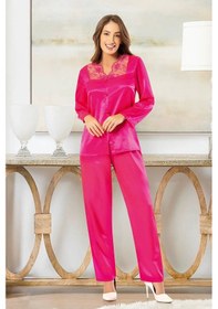 Resim Faal 4610 Kadın Dantel Detaylı Saten Uzun Kollu Pijama Takım-fuşya Fuşya 