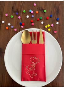 Resim Kırmızı Üzeri Gold Yaldızlı Sevimli Ayı Baskılı Kanguru Cepli Peçete 12 Adet 