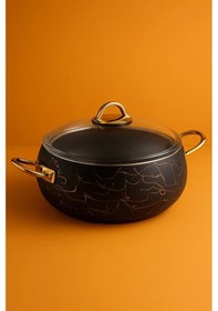 Resim Yunusoğlu Home 28 Cm Basık Güveç Tencere 3.5 Litre, Gold Kulplu, 4 Mm Granit Kaplama, Yanmaz Yapışmaz Siyah 