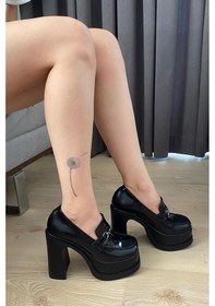 Resim Kadın Siyah Rugan İnce Tokalı Lofer Model 12 Cm Platform Topuklu Ayakkabı Siyah Rugan 